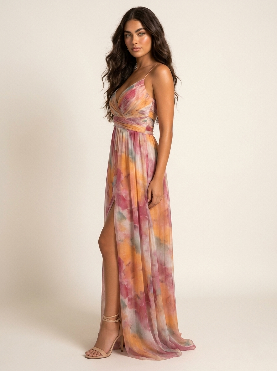 Maxi Dress Women's Watercolor Print with High Slit - Image 2