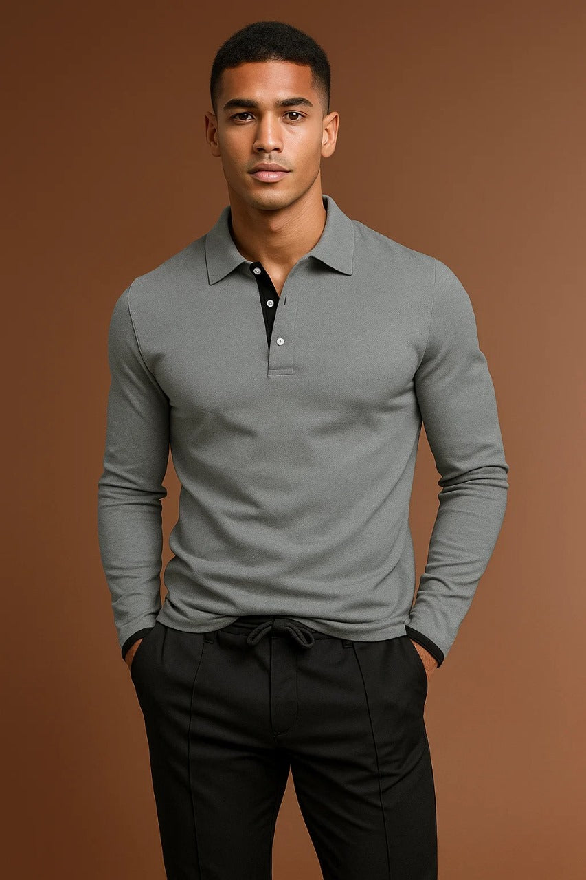 Long Sleeve Polo Shirt Men's with Contrast Collar - Image 1