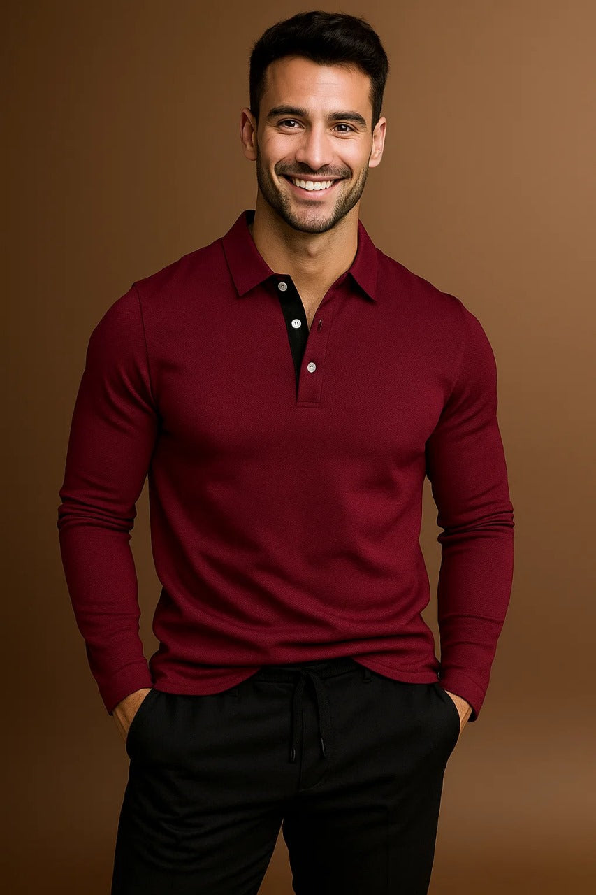 Long Sleeve Polo Shirt Men's with Contrast Collar - Image 8