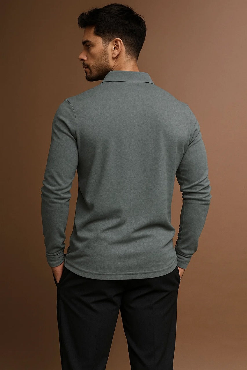 Long Sleeve Polo Shirt Men's with Contrast Collar - Image 2
