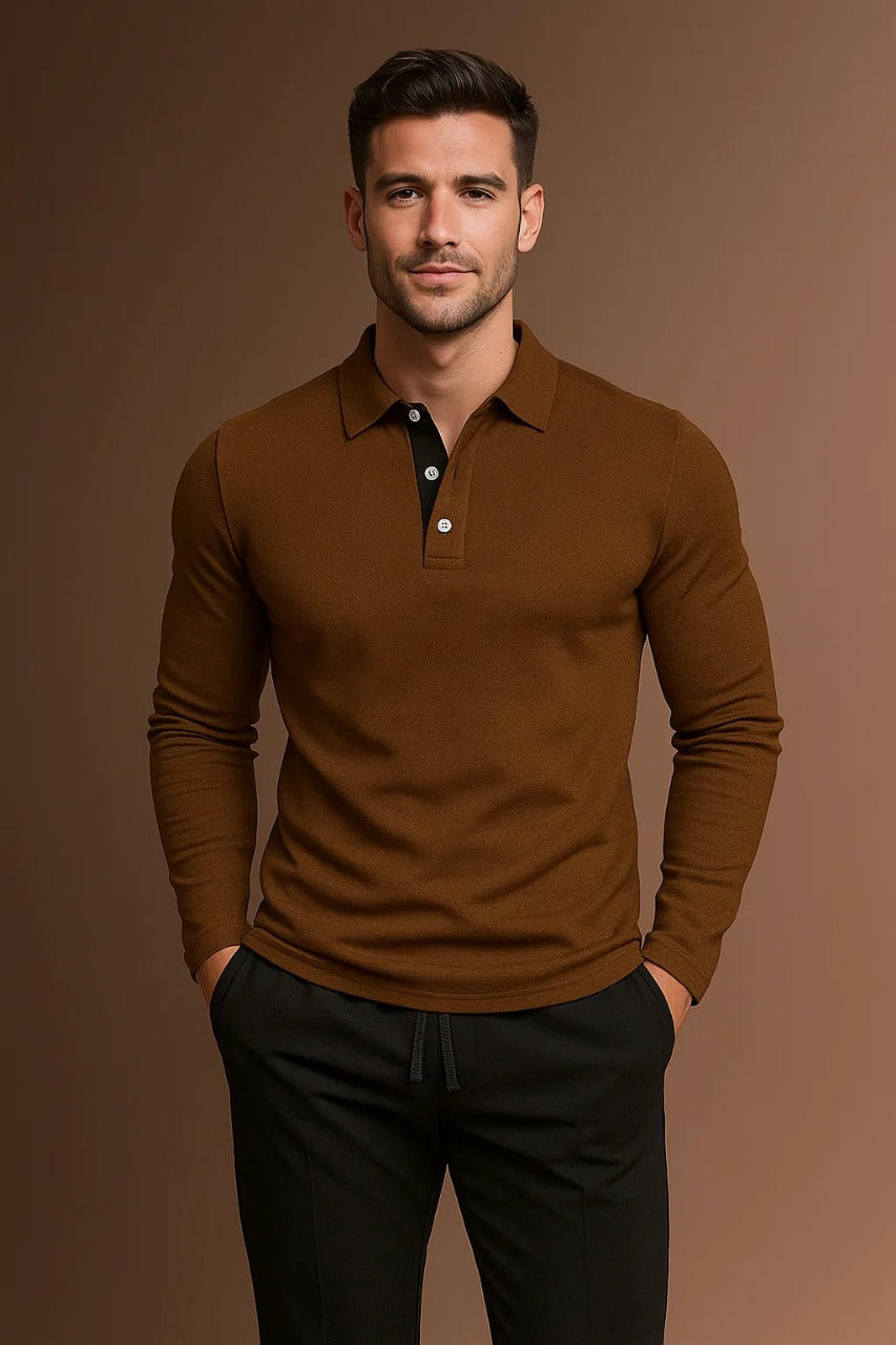 Long Sleeve Polo Shirt Men's with Contrast Collar - Image 3