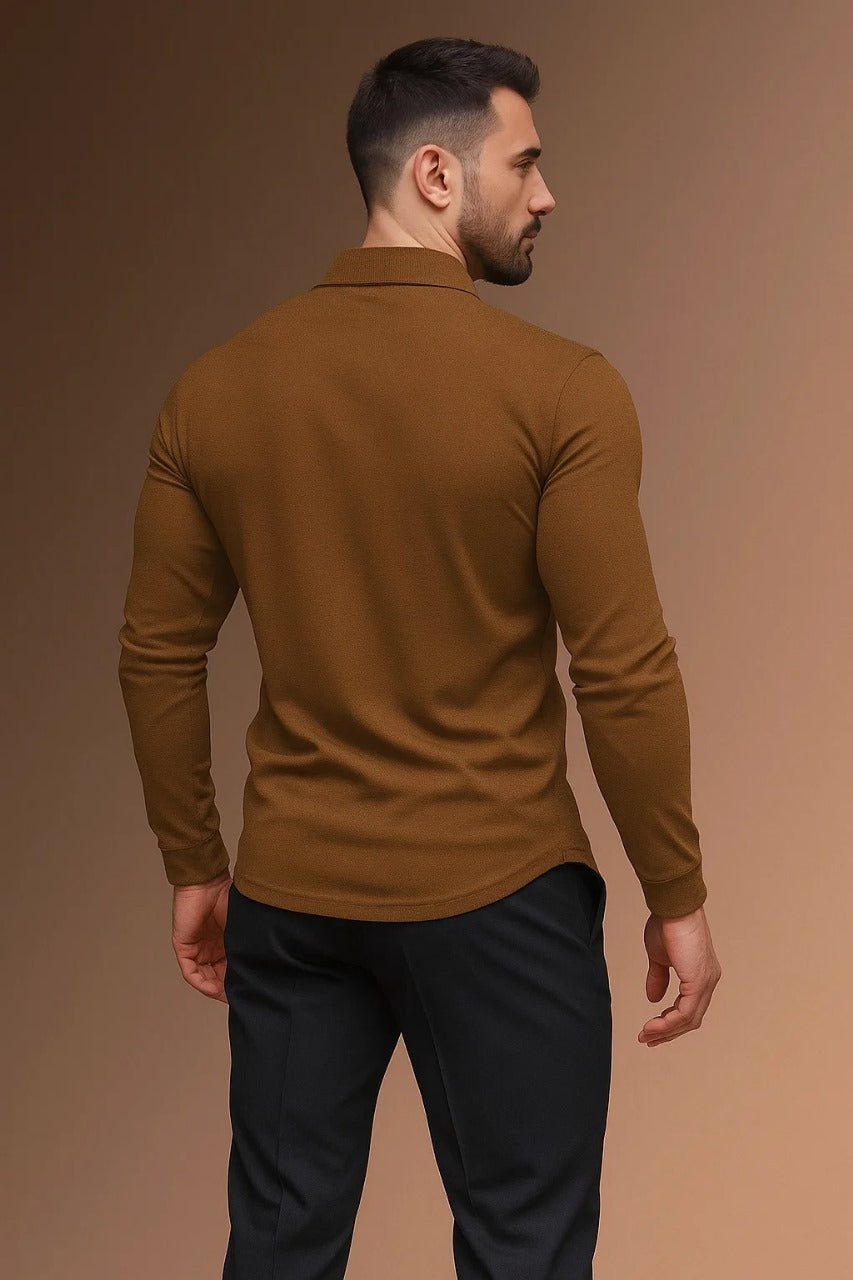 Long Sleeve Polo Shirt Men's with Contrast Collar - Image 4