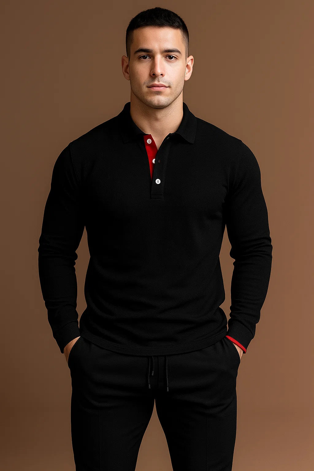 Long Sleeve Polo Shirt Men's with Contrast Collar - Image 5