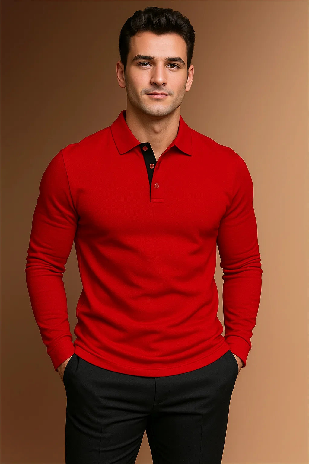 Long Sleeve Polo Shirt Men's with Contrast Collar - Image 7