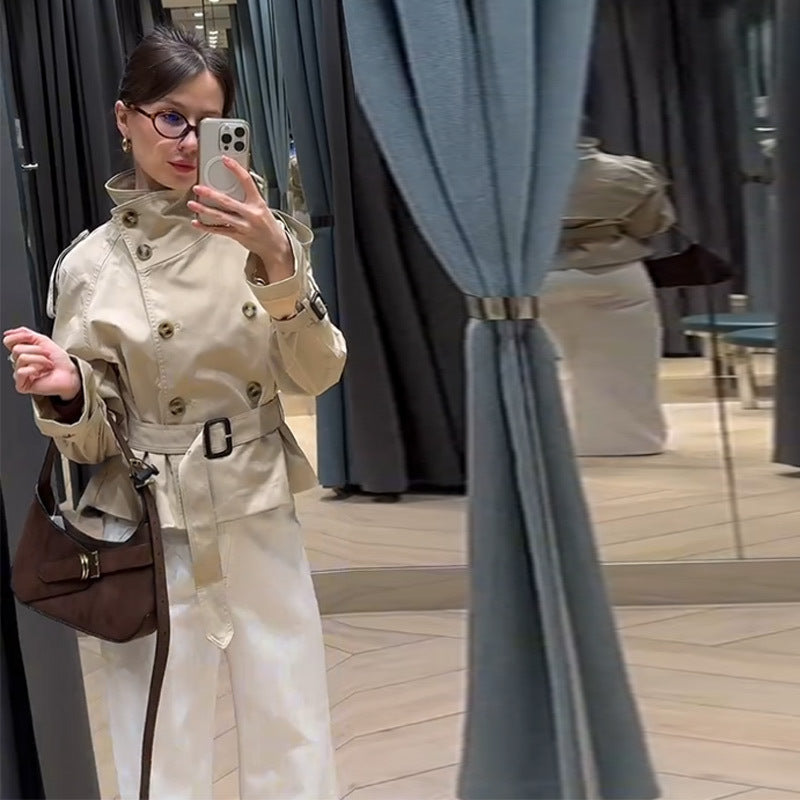 Trench Coat Women's Cropped Design with Belted Waist - Image 4