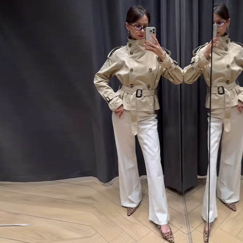 Trench Coat Women's Cropped Design with Belted Waist - Image 1