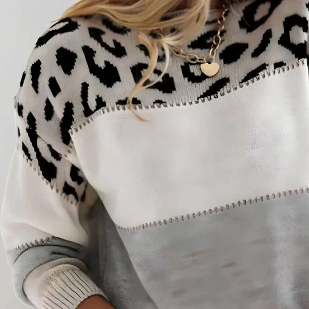 Women's Sweater with Leopard Print and Color Block Design - Image 2