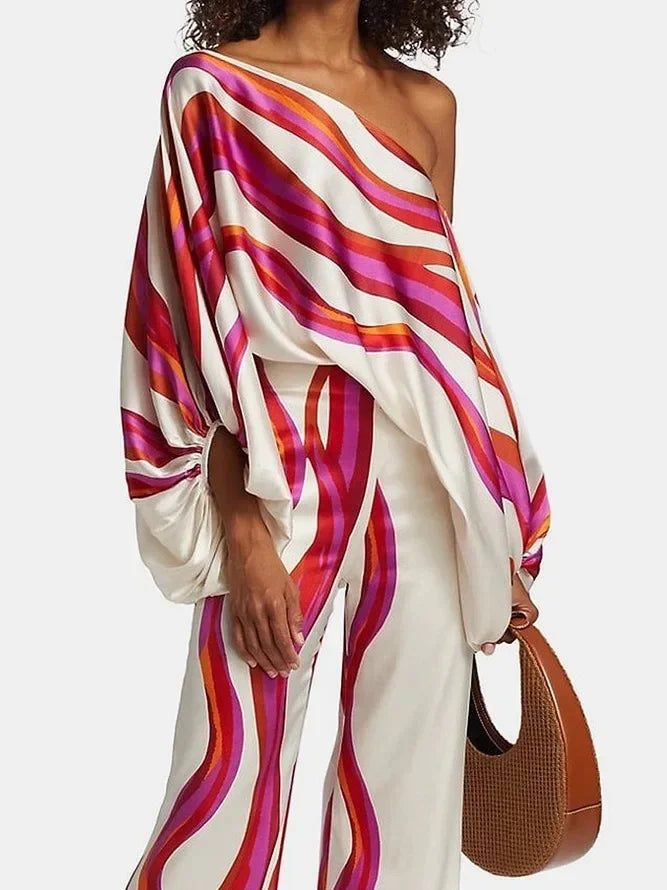 Two-Piece Set Women's Off-Shoulder Top and Wide-Leg Pants with Bold Prints - Image 7