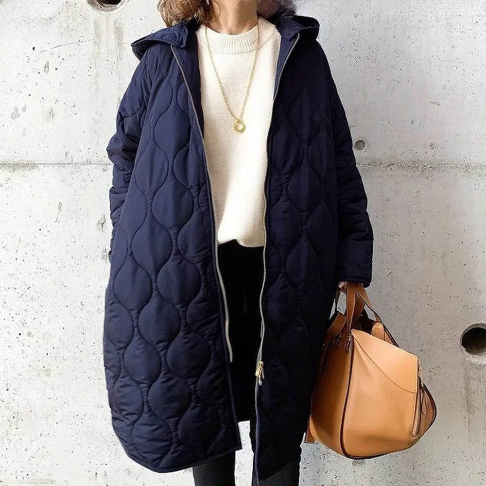 Quilted Jacket Women's Longline with Hood and Zipper Closure - Image 4