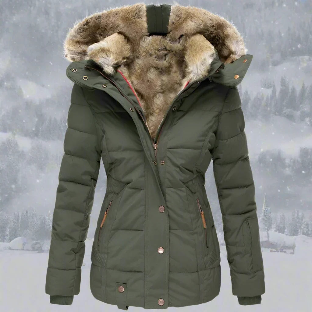 Padded Jacket Women's with Faux Fur Hood and Zip Front - Image 3