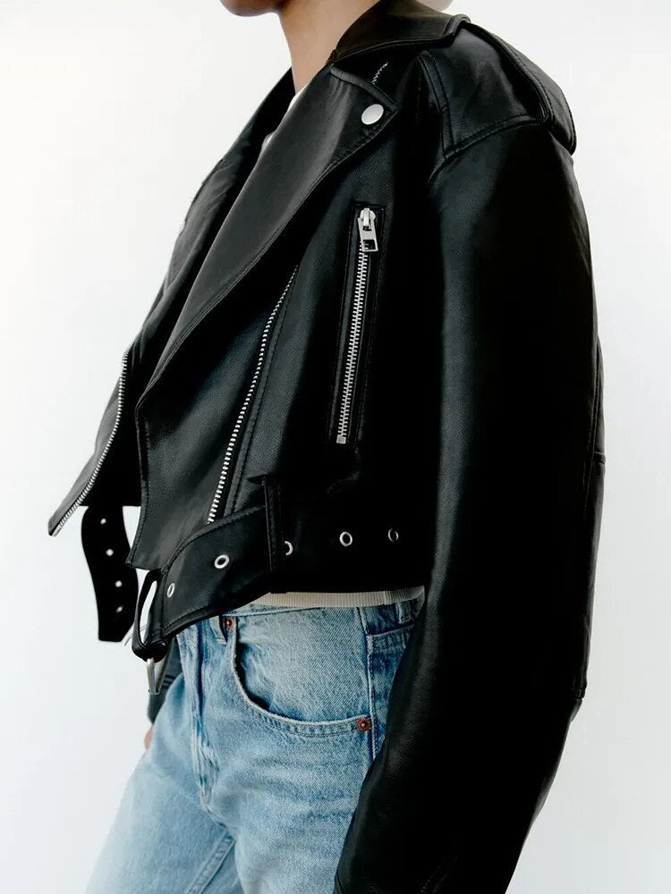 Biker Jacket Women's Cropped Design with Belted Waist - Image 1