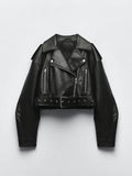 Biker Jacket Women's Cropped Design with Belted Waist - Image 2