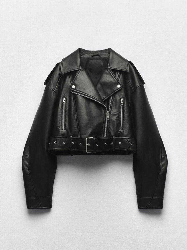 Biker Jacket Women's Cropped Design with Belted Waist - Image 2
