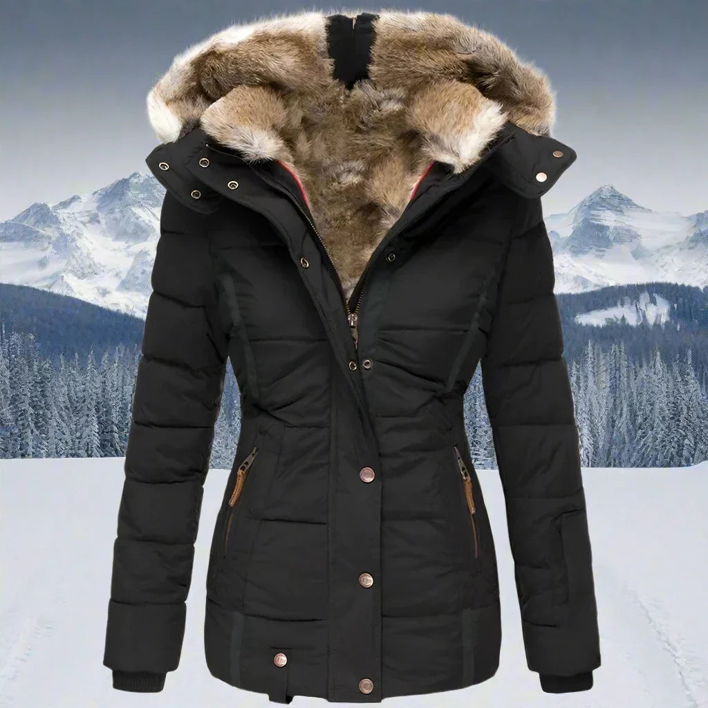 Padded Jacket Women's with Faux Fur Hood and Zip Front - Image 1