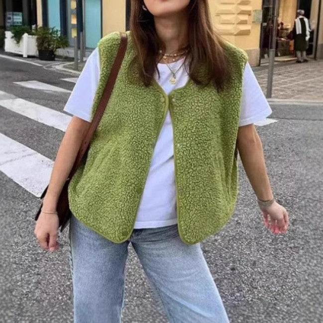 Faux Fur Vest Women's Soft Texture with Button Closure - Image 1