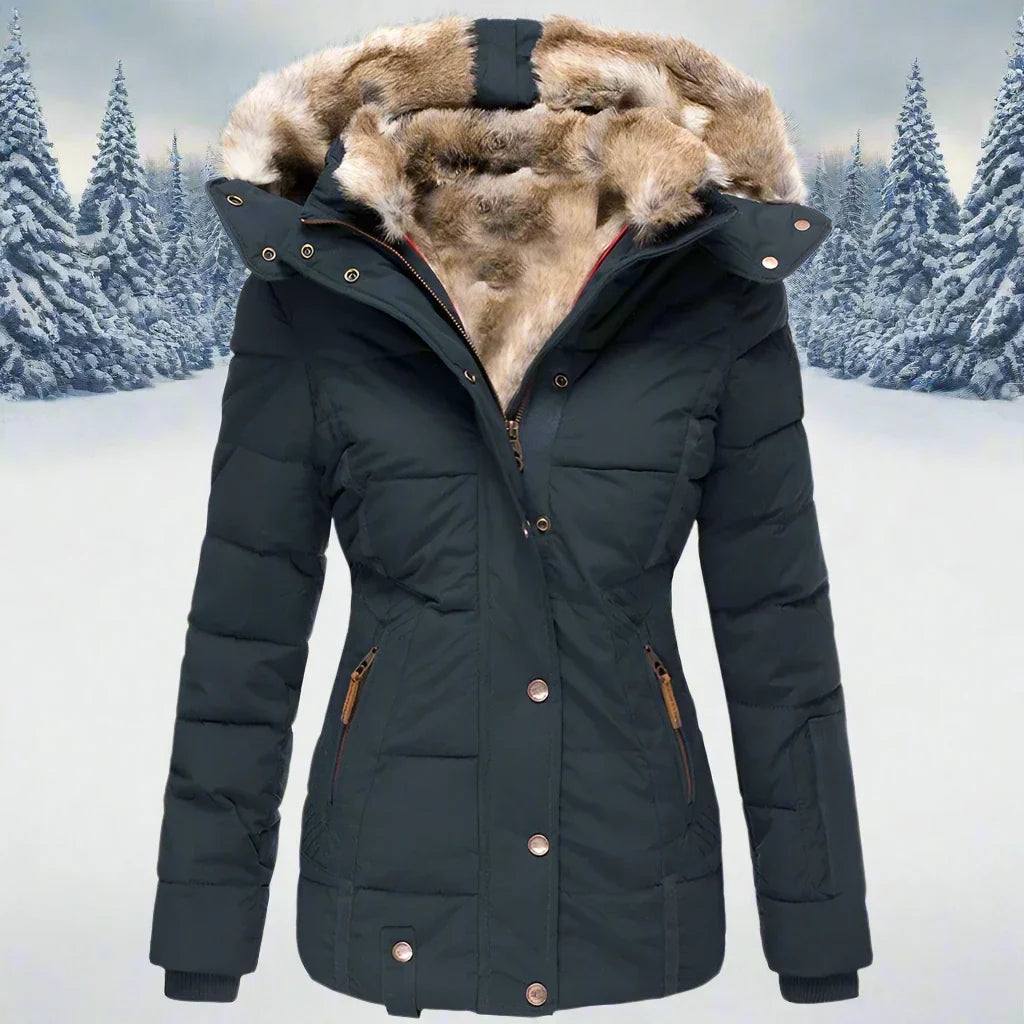 Padded Jacket Women's with Faux Fur Hood and Zip Front - Image 2
