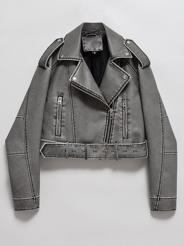 Cropped Moto Jacket Women's with Belted Waist - Image 1