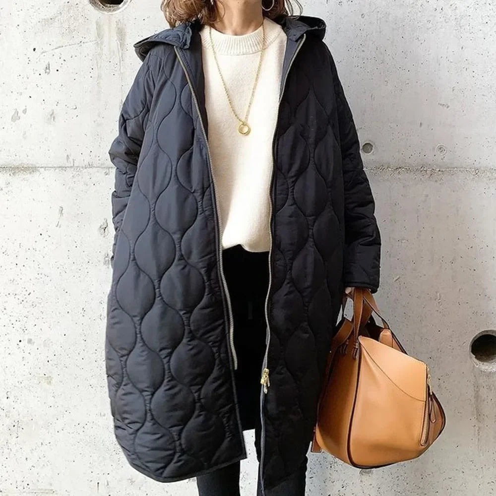 Quilted Jacket Women's Longline with Hood and Zipper Closure - Image 1