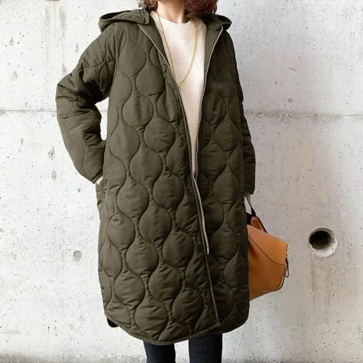 Quilted Jacket Women's Longline with Hood and Zipper Closure - Image 3