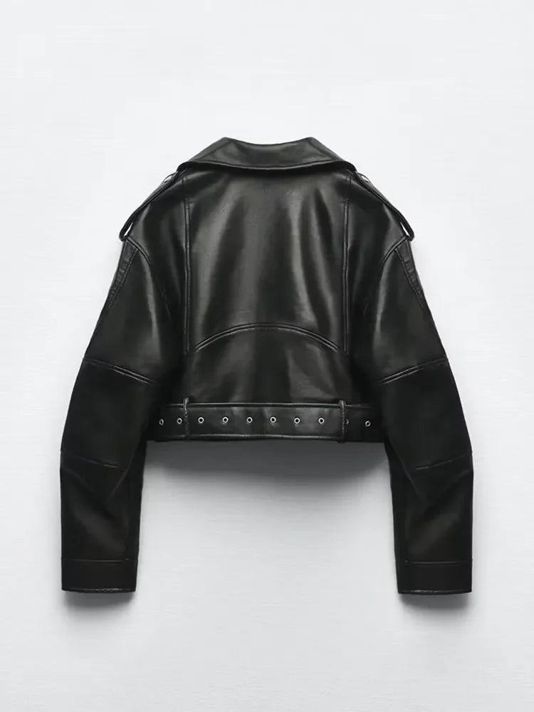 Biker Jacket Women's Cropped Design with Belted Waist - Image 3