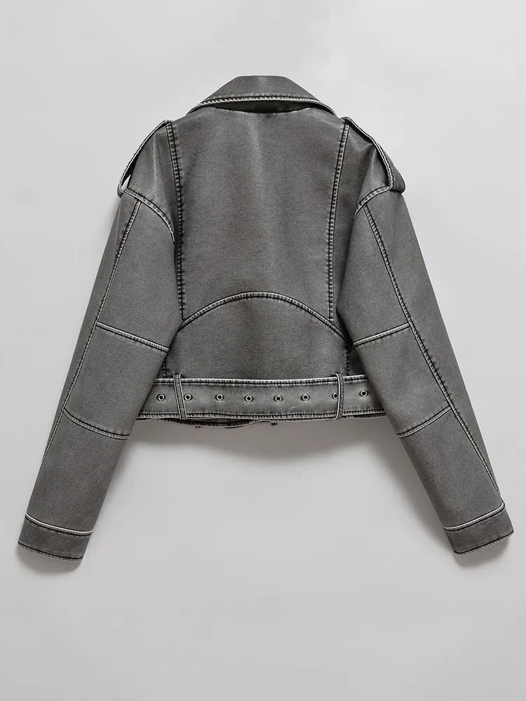 Cropped Moto Jacket Women's with Belted Waist - Image 2