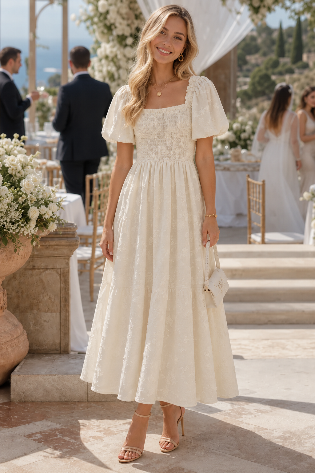 Midi-Kleid für Damen mit quadratischem Ausschnitt, Puffärmeln und Blumenmuster | J&B