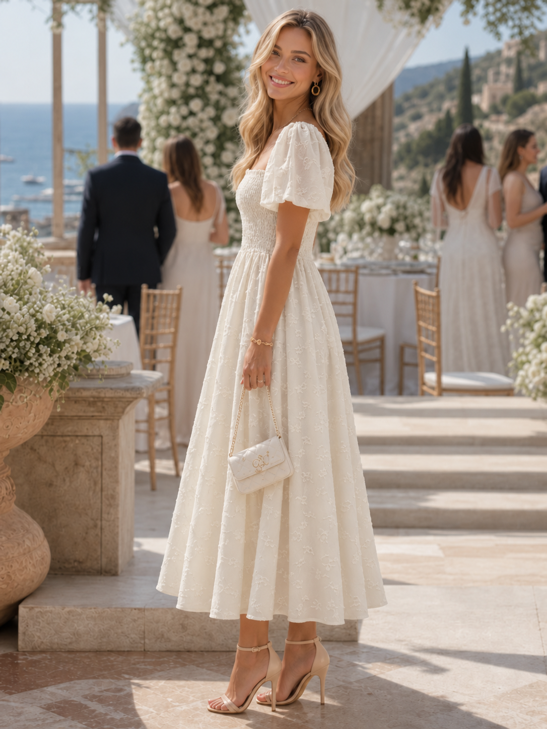 Midi-Kleid für Damen mit quadratischem Ausschnitt, Puffärmeln und Blumenmuster | J&B