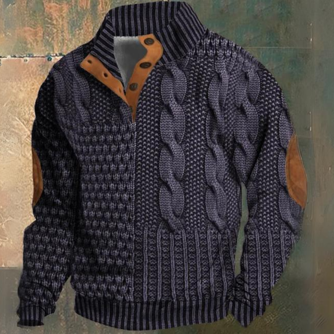 Men's Zip-Up Jacket with Cable Knit Design and Leather Accents - Image 1
