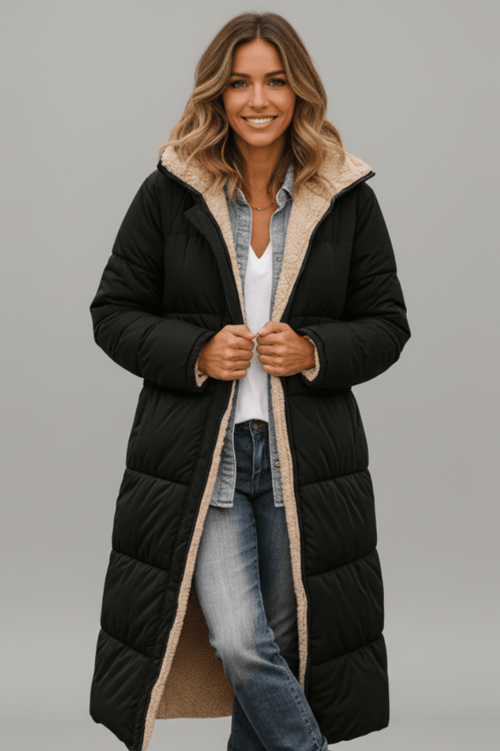 Langer Daunenmantel Damen mit Kapuze und weichem Innenfutter | J&B - 1 - Jasminaboutique.com