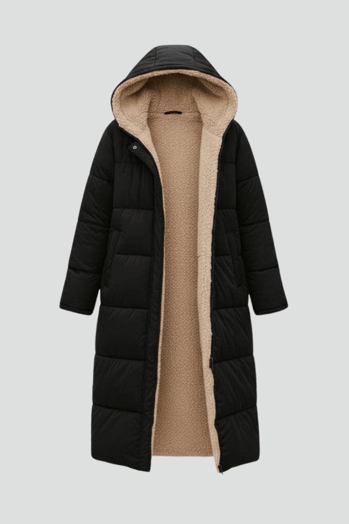 Langer Daunenmantel Damen mit Kapuze und weichem Innenfutter | J&B - 2 - Jasminaboutique.com