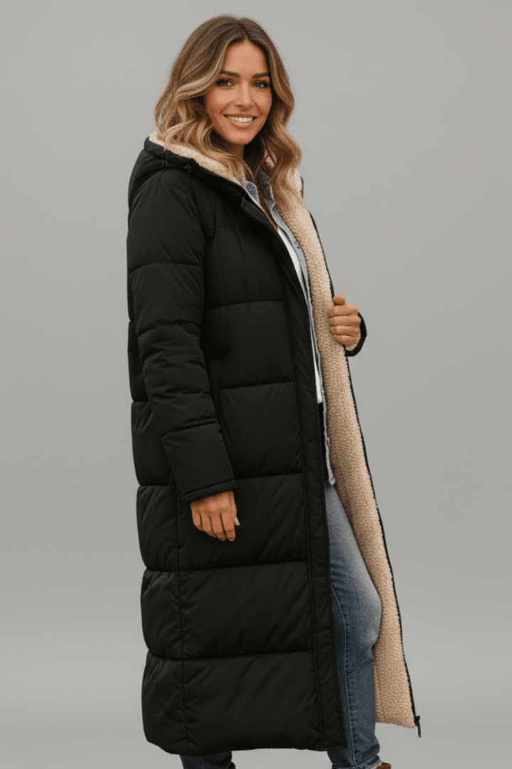 Langer Daunenmantel Damen mit Kapuze und weichem Innenfutter | J&B - 3 - Jasminaboutique.com