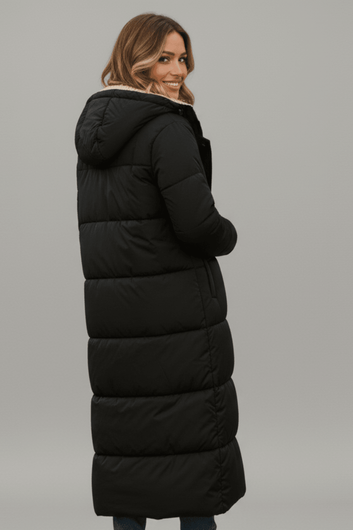Langer Daunenmantel Damen mit Kapuze und weichem Innenfutter | J&B - 4 - Jasminaboutique.com