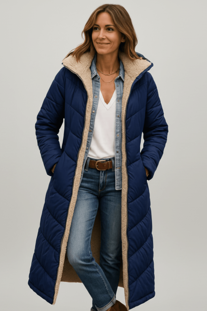Langer Daunenmantel Damen mit Kapuze und weichem Innenfutter | J&B - 5 - Jasminaboutique.com
