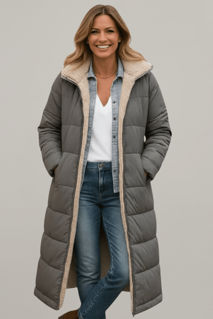Langer Daunenmantel Damen mit Kapuze und weichem Innenfutter | J&B - 6 - Jasminaboutique.com