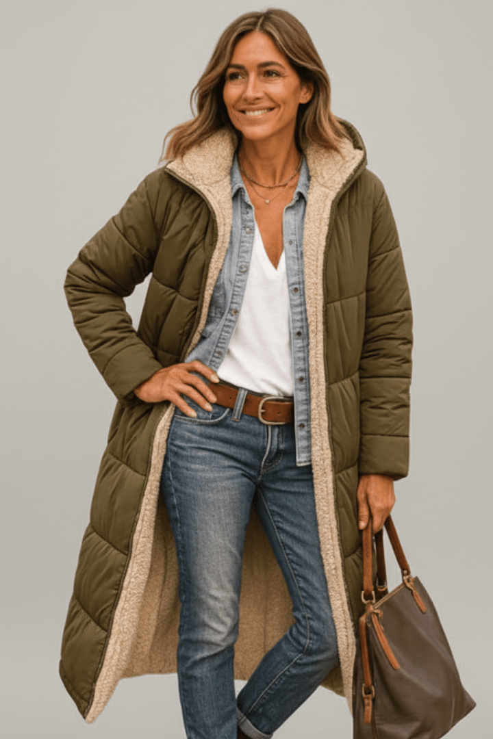 Langer Daunenmantel Damen mit Kapuze und weichem Innenfutter | J&B - 7 - Jasminaboutique.com