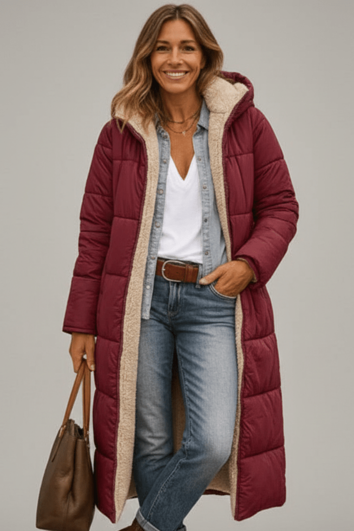 Langer Daunenmantel Damen mit Kapuze und weichem Innenfutter | J&B - 8 - Jasminaboutique.com