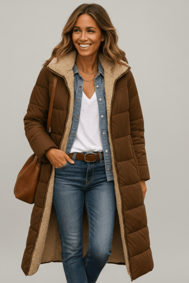 Langer Daunenmantel Damen mit Kapuze und weichem Innenfutter | J&B - 9 - Jasminaboutique.com