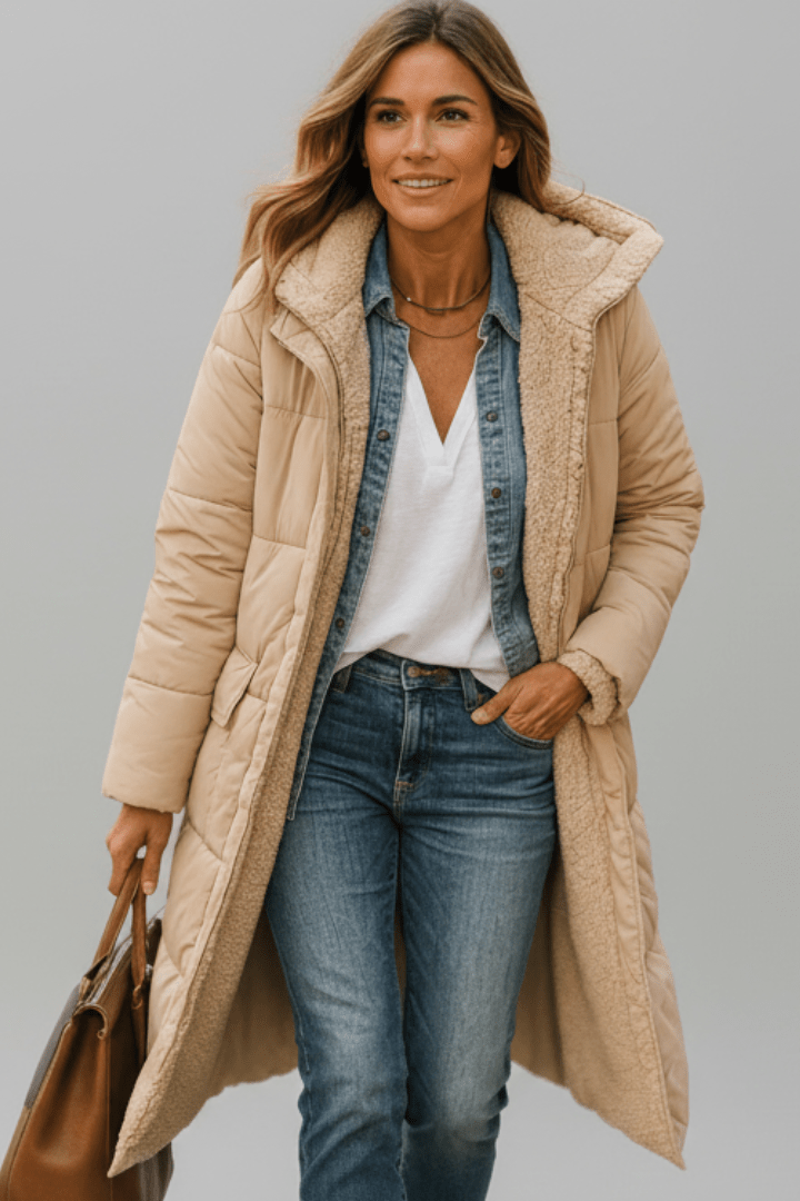 Langer Daunenmantel Damen mit Kapuze und weichem Innenfutter | J&B - 10 - Jasminaboutique.com