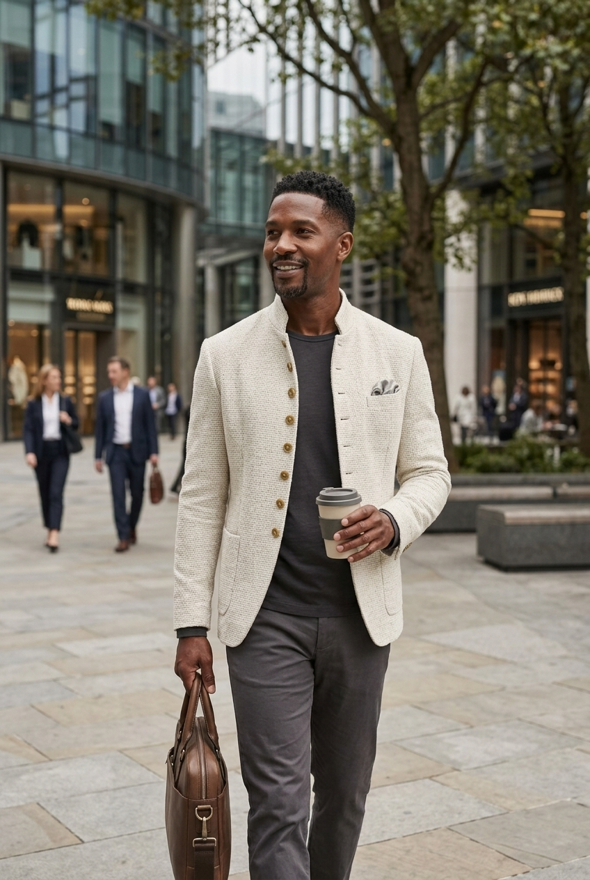 Tailored Jacket Men's with Stand Collar + Elegant Button Detail - Image 2