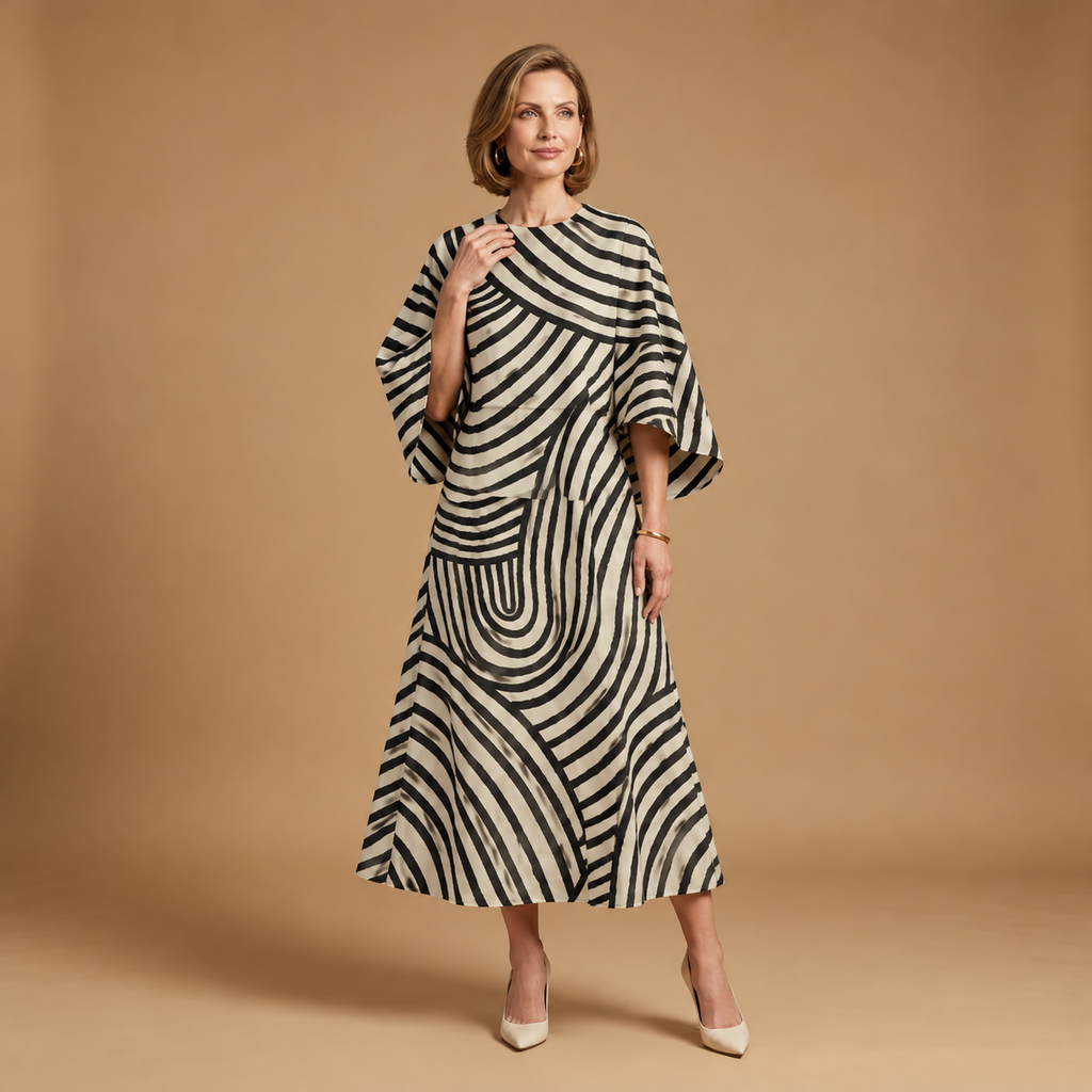 Midi-Kleid für Damen mit Streifenmuster, elegantem Schnitt und figurschmeichelnden Ärmeln | J&B