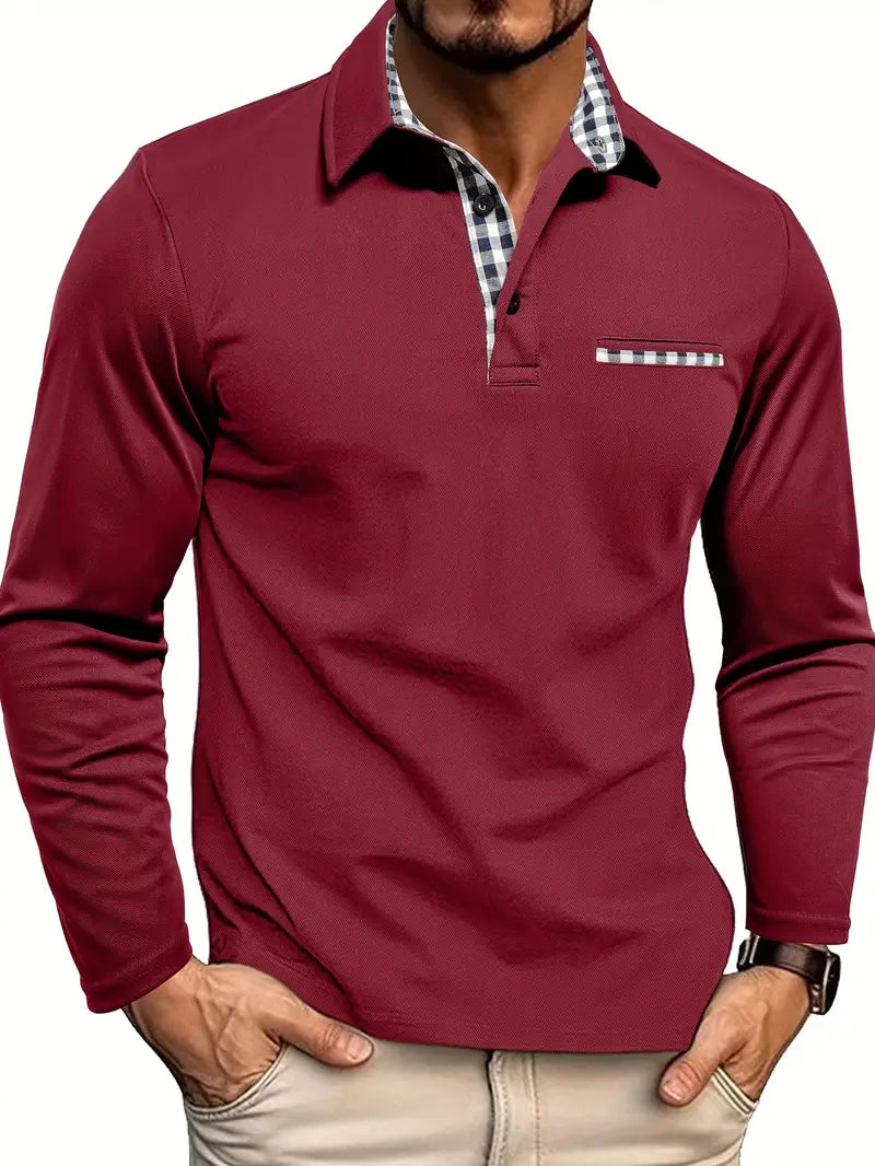 Long Sleeve Polo Shirt Men's with Checkered Collar and Pocket - Image 2