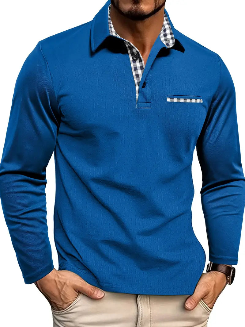 Long Sleeve Polo Shirt Men's with Checkered Collar and Pocket - Image 5