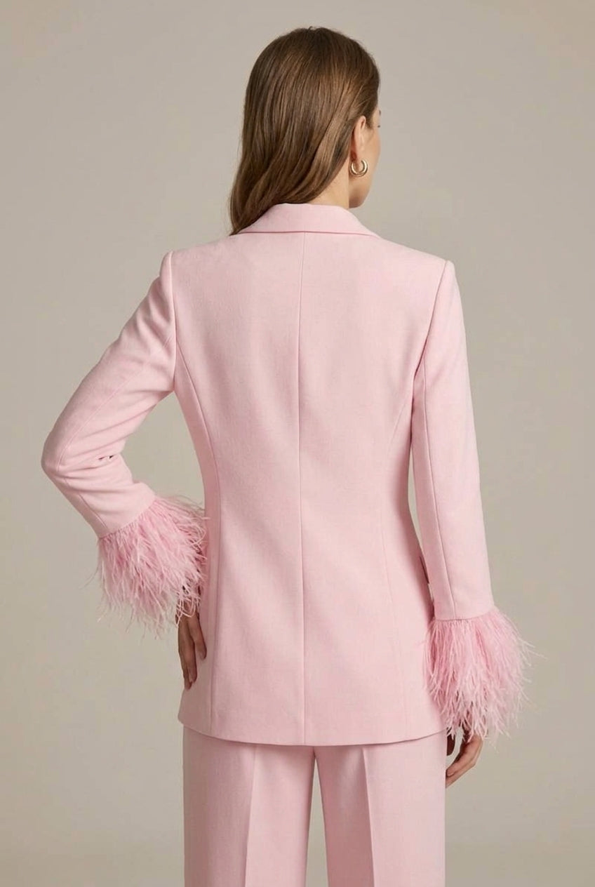 Two-Piece Set Women's Blazer and Trousers with Feather Trim - Image 5