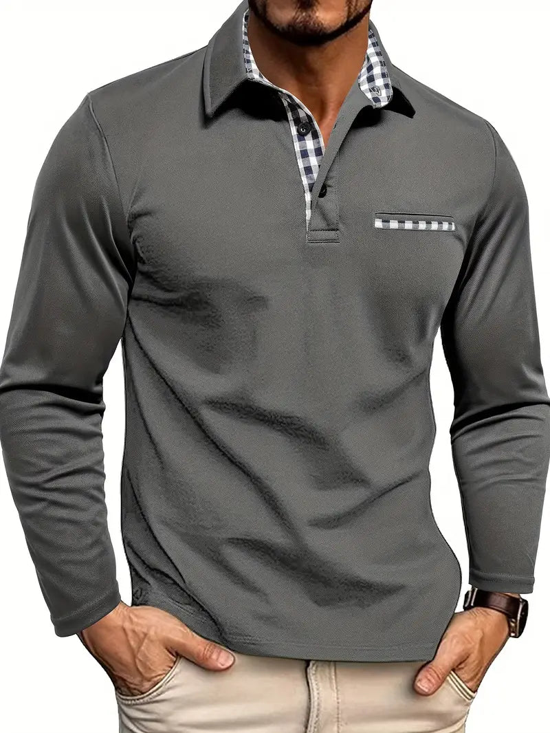 Long Sleeve Polo Shirt Men's with Checkered Collar and Pocket - Image 1