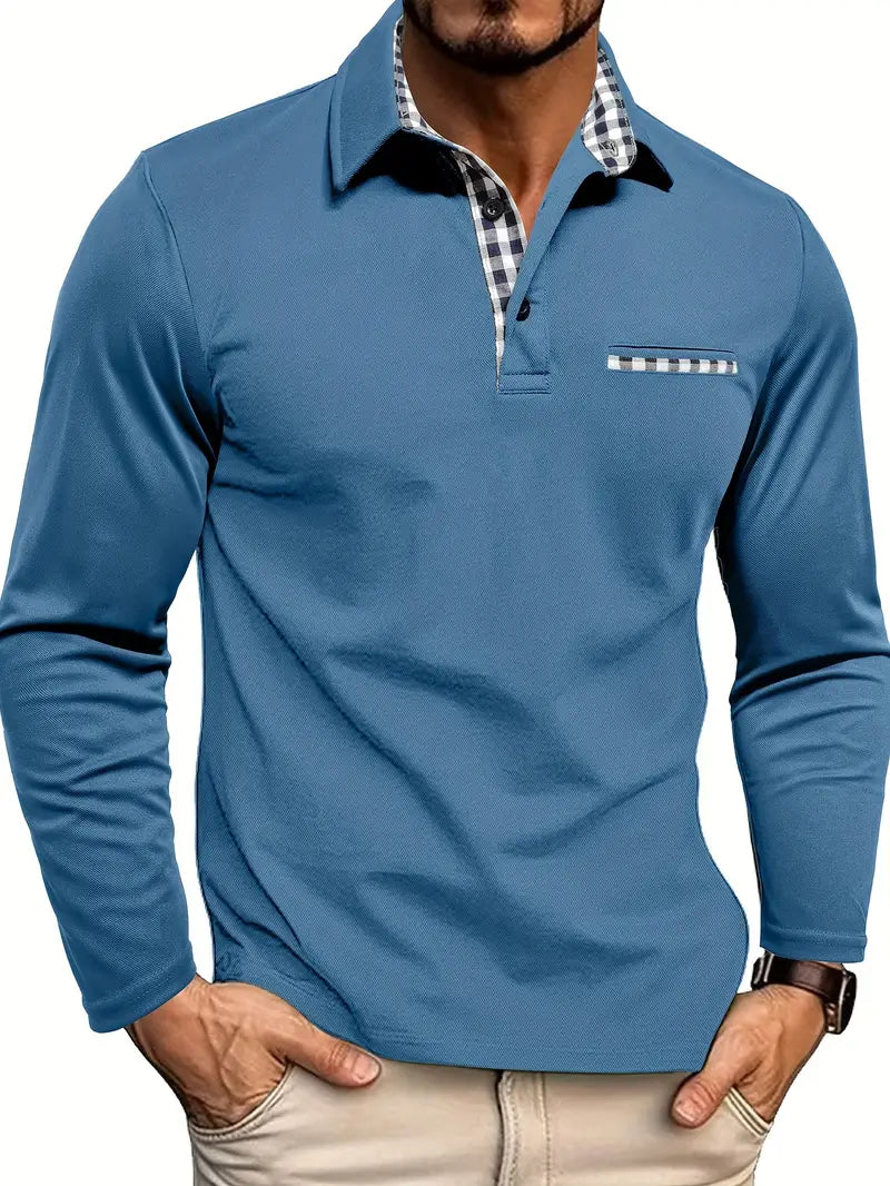 Long Sleeve Polo Shirt Men's with Checkered Collar and Pocket - Image 4