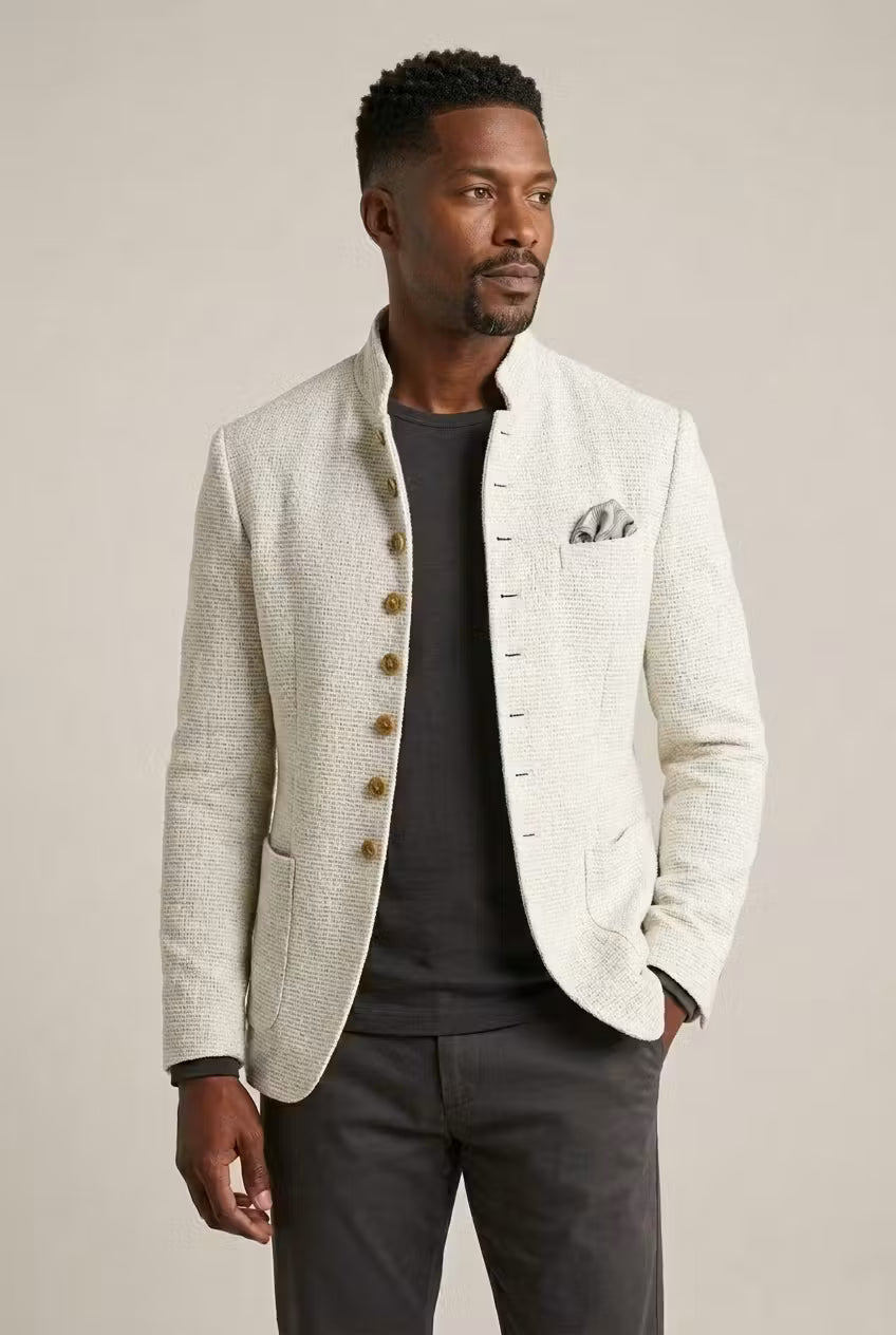 Tailored Jacket Men's with Stand Collar + Elegant Button Detail - Image 1