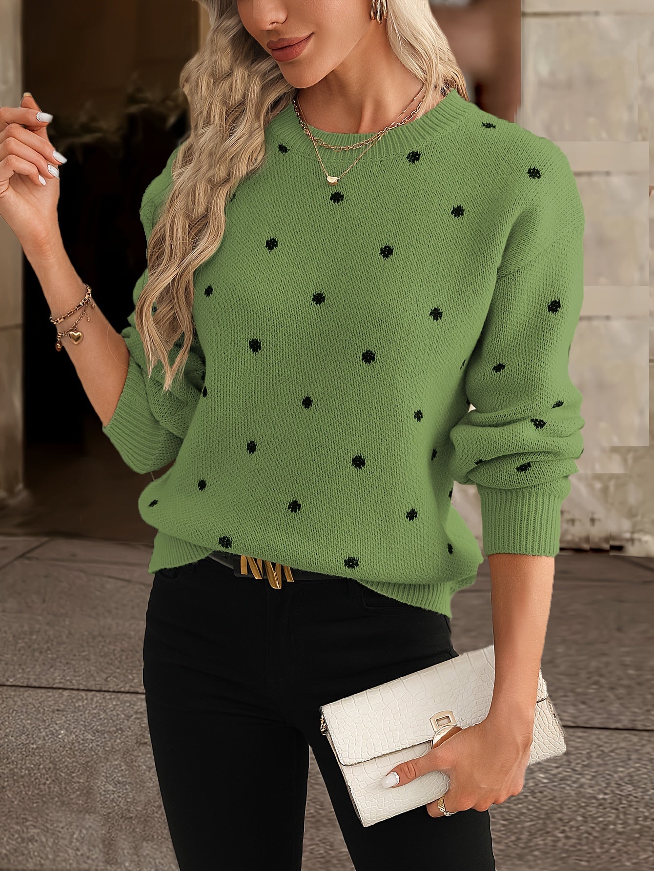 Damen Pullover mit Polka-Dots – Rundhalsausschnitt und lockere Passform | J&B - 4 - Jasminaboutique.com