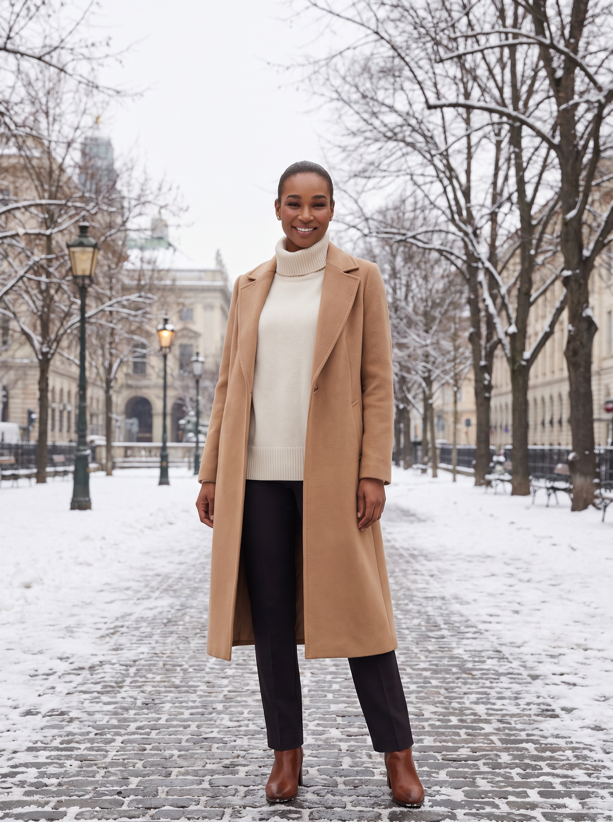 Damen Wintermode: Kamelmantel und Rollkragenpullover im verschneiten Park