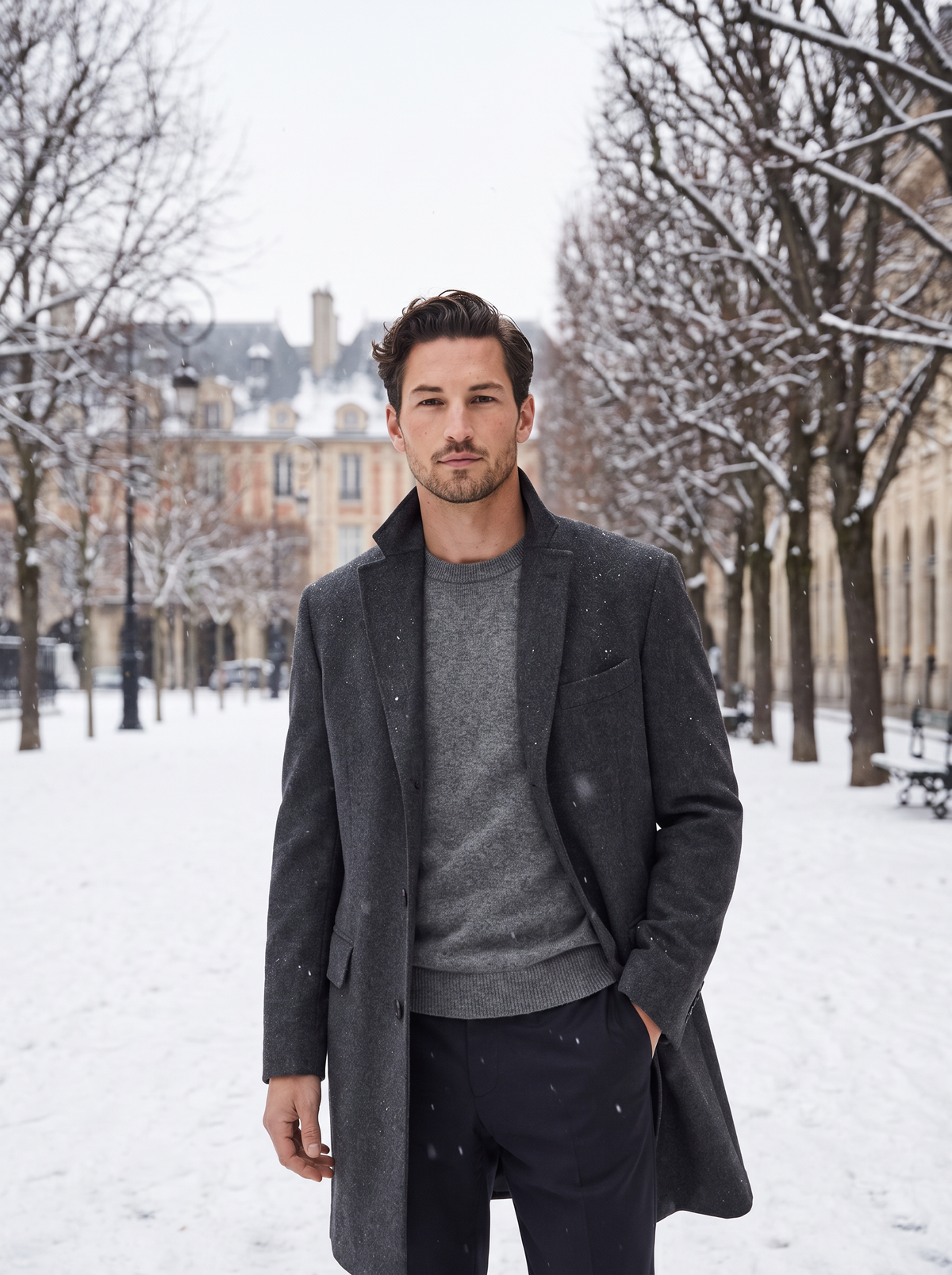 Herren Wintermode: Wollmantel und Strickpullover im verschneiten Park
