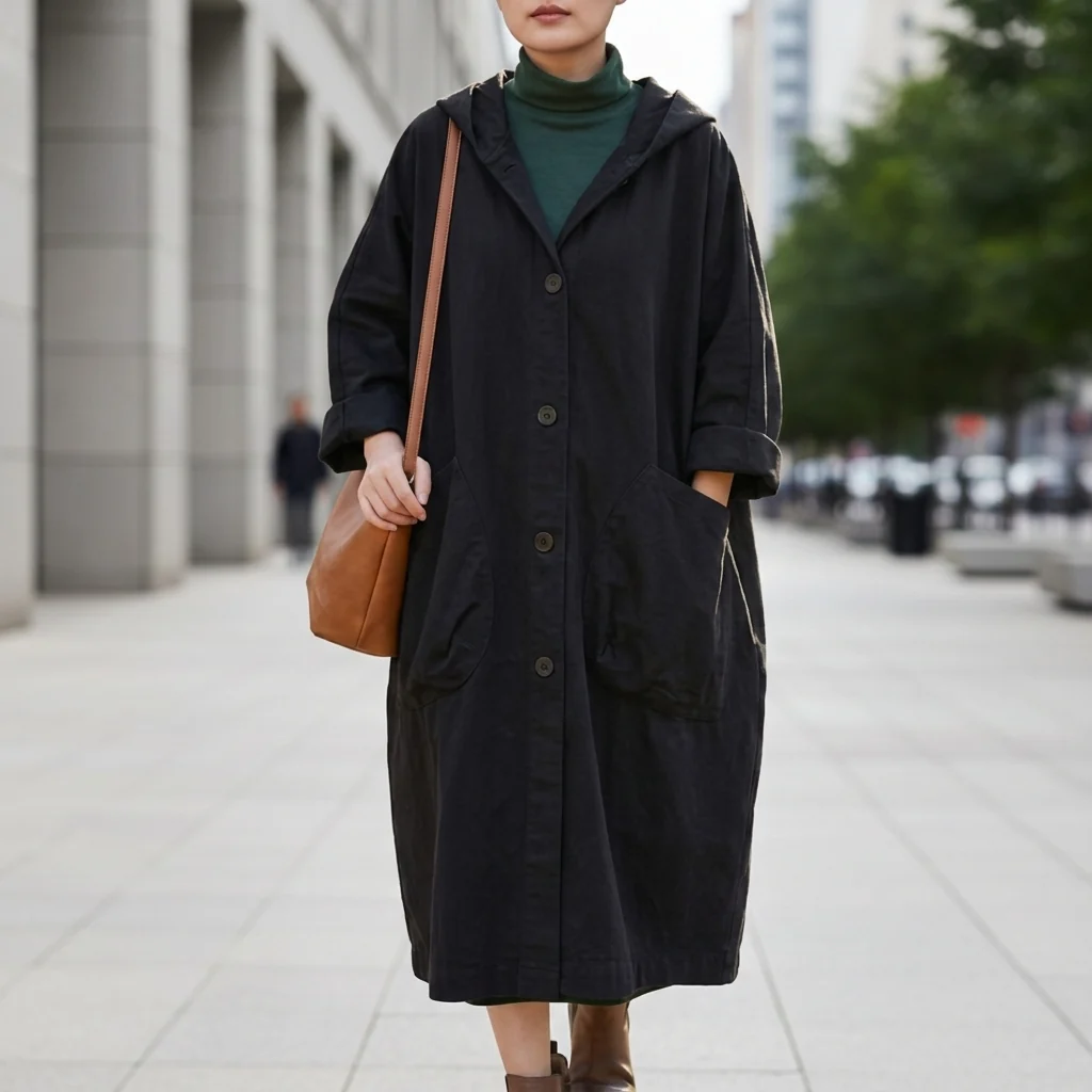 Utility-Jacke Damen, lang geschnitten mit Kapuze und Taschen | J&B